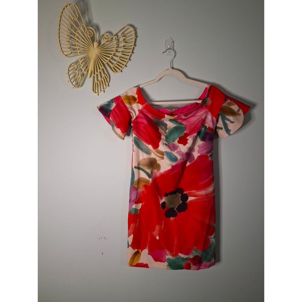 Trina Turk Floral Off The Shoulder Sheath Dress Red Pink Size 2